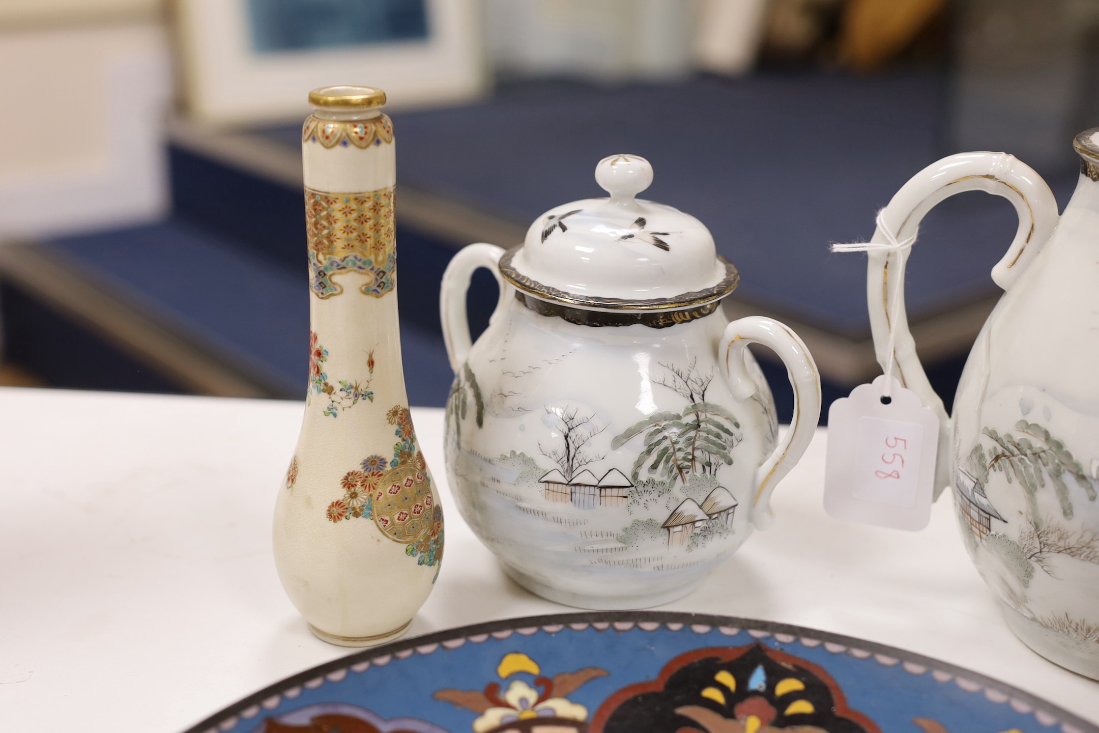 A group of various Japanese ceramics including cloisonné, satsuma, Imari etc.